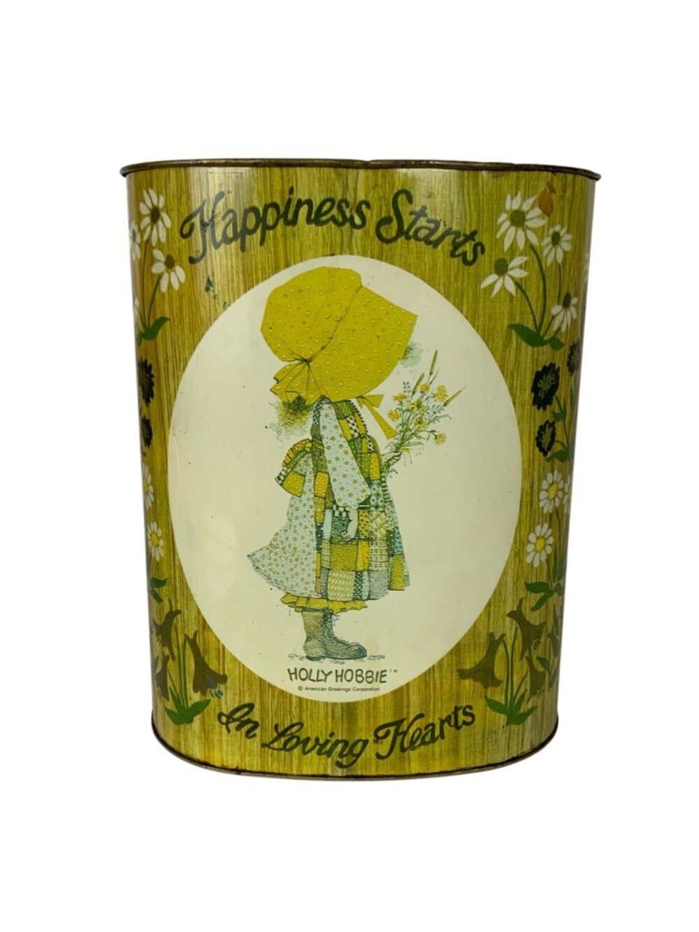 Vintage Cheinco Holly Hobbie Oval Metal Wastebasket Happiness Starts Made in USA